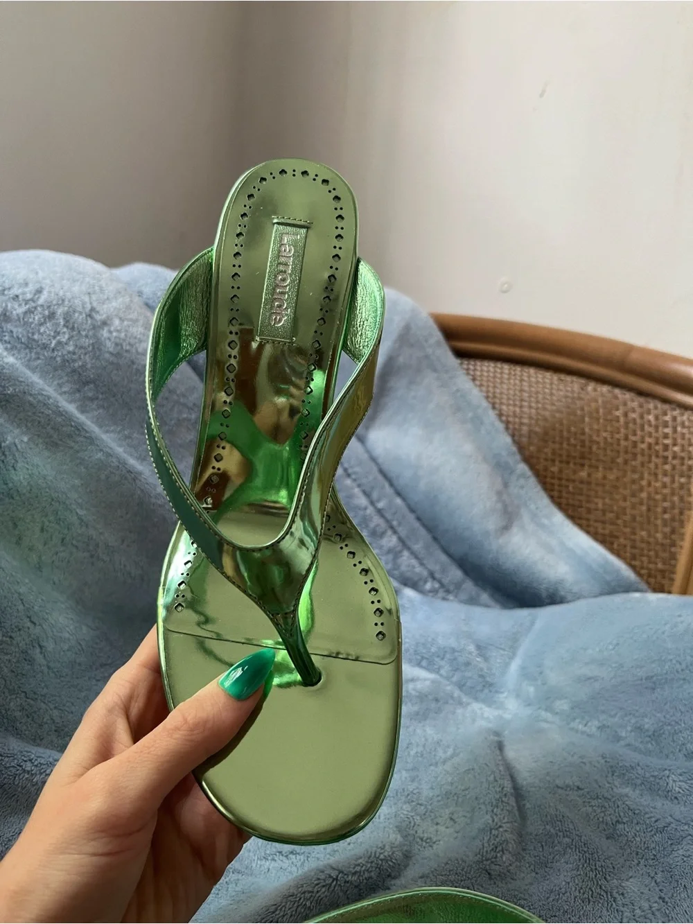 Larroude Gaia Wedge Sandal in Light Pear Specchio - Women's Metallic Green Wedge